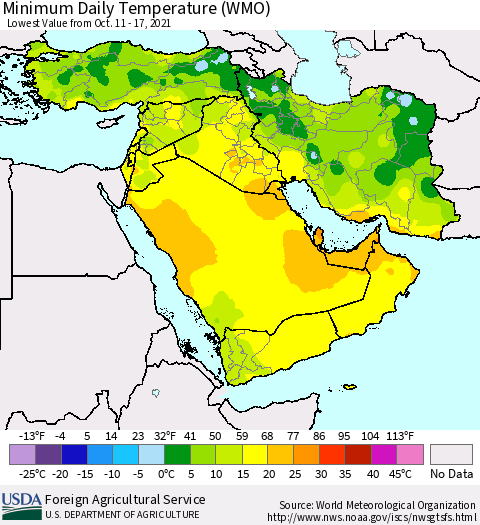 Middle East and Turkey Minimum Daily Temperature (WMO) Thematic Map For 10/11/2021 - 10/17/2021
