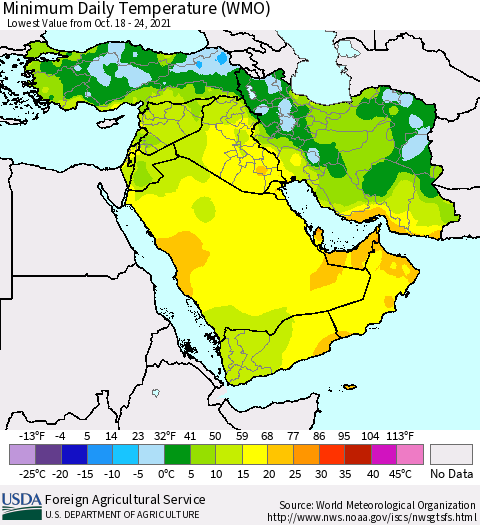 Middle East and Turkey Minimum Daily Temperature (WMO) Thematic Map For 10/18/2021 - 10/24/2021