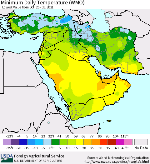 Middle East and Turkey Minimum Daily Temperature (WMO) Thematic Map For 10/25/2021 - 10/31/2021