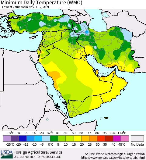 Middle East and Turkey Minimum Daily Temperature (WMO) Thematic Map For 11/1/2021 - 11/7/2021