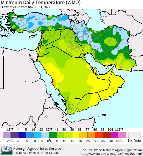 Middle East and Turkey Minimum Daily Temperature (WMO) Thematic Map For 11/8/2021 - 11/14/2021
