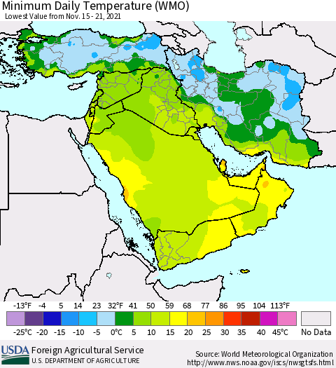 Middle East and Turkey Minimum Daily Temperature (WMO) Thematic Map For 11/15/2021 - 11/21/2021