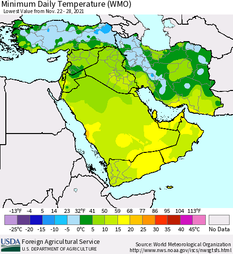 Middle East and Turkey Minimum Daily Temperature (WMO) Thematic Map For 11/22/2021 - 11/28/2021