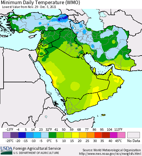 Middle East and Turkey Minimum Daily Temperature (WMO) Thematic Map For 11/29/2021 - 12/5/2021