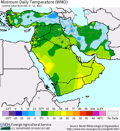 Middle East and Turkey Minimum Daily Temperature (WMO) Thematic Map For 12/6/2021 - 12/12/2021