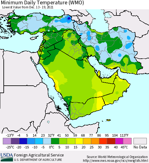 Middle East and Turkey Minimum Daily Temperature (WMO) Thematic Map For 12/13/2021 - 12/19/2021