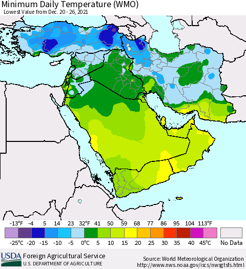 Middle East and Turkey Minimum Daily Temperature (WMO) Thematic Map For 12/20/2021 - 12/26/2021
