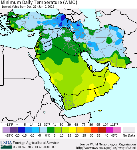Middle East and Turkey Minimum Daily Temperature (WMO) Thematic Map For 12/27/2021 - 1/2/2022