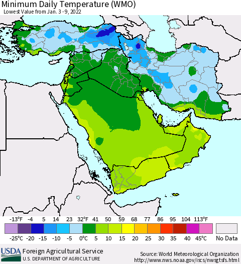 Middle East and Turkey Minimum Daily Temperature (WMO) Thematic Map For 1/3/2022 - 1/9/2022