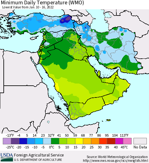 Middle East and Turkey Minimum Daily Temperature (WMO) Thematic Map For 1/10/2022 - 1/16/2022