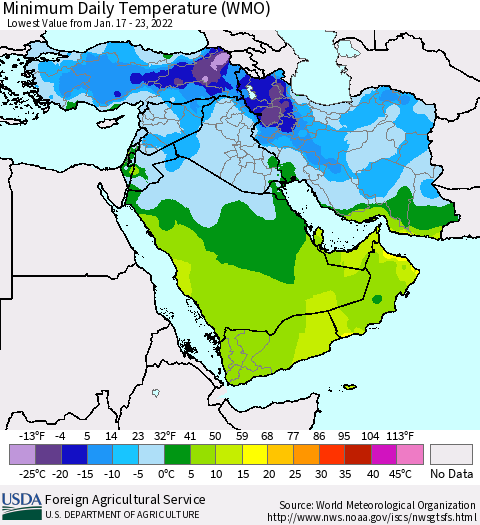 Middle East and Turkey Minimum Daily Temperature (WMO) Thematic Map For 1/17/2022 - 1/23/2022