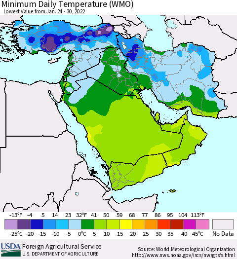 Middle East and Turkey Minimum Daily Temperature (WMO) Thematic Map For 1/24/2022 - 1/30/2022