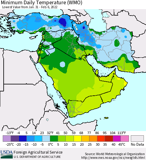 Middle East and Turkey Minimum Daily Temperature (WMO) Thematic Map For 1/31/2022 - 2/6/2022