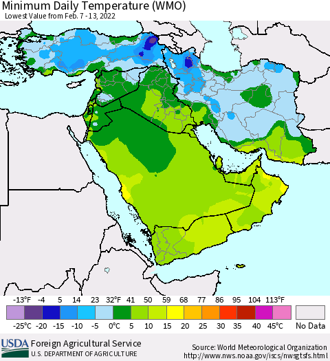 Middle East and Turkey Minimum Daily Temperature (WMO) Thematic Map For 2/7/2022 - 2/13/2022