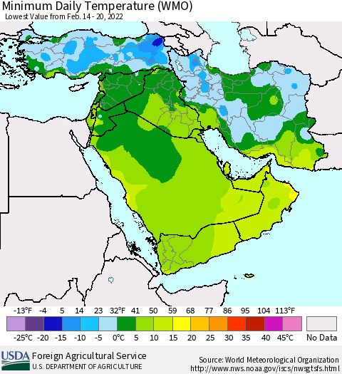 Middle East and Turkey Minimum Daily Temperature (WMO) Thematic Map For 2/14/2022 - 2/20/2022
