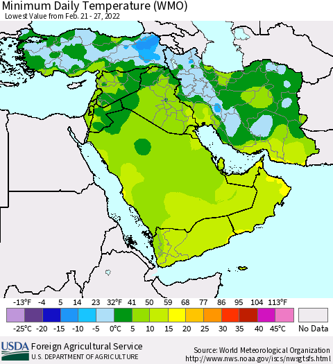 Middle East and Turkey Minimum Daily Temperature (WMO) Thematic Map For 2/21/2022 - 2/27/2022