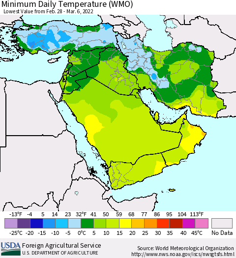 Middle East and Turkey Minimum Daily Temperature (WMO) Thematic Map For 2/28/2022 - 3/6/2022