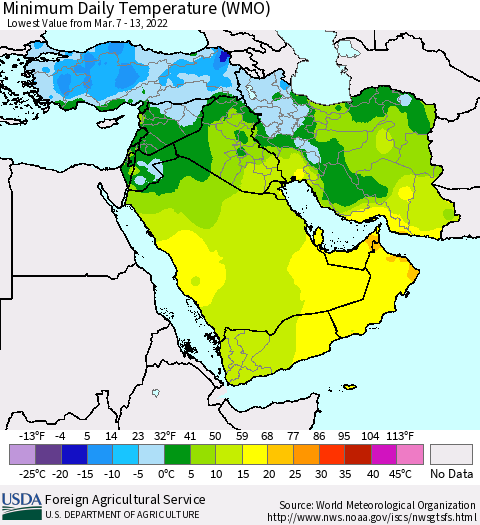 Middle East and Turkey Minimum Daily Temperature (WMO) Thematic Map For 3/7/2022 - 3/13/2022