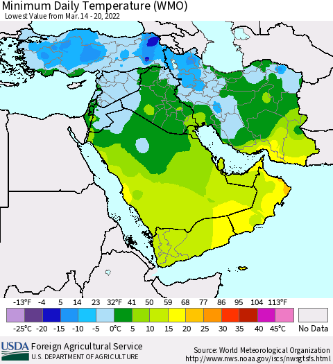 Middle East and Turkey Minimum Daily Temperature (WMO) Thematic Map For 3/14/2022 - 3/20/2022
