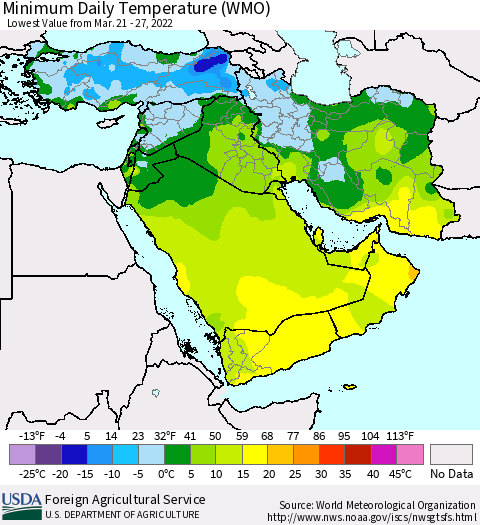 Middle East and Turkey Minimum Daily Temperature (WMO) Thematic Map For 3/21/2022 - 3/27/2022