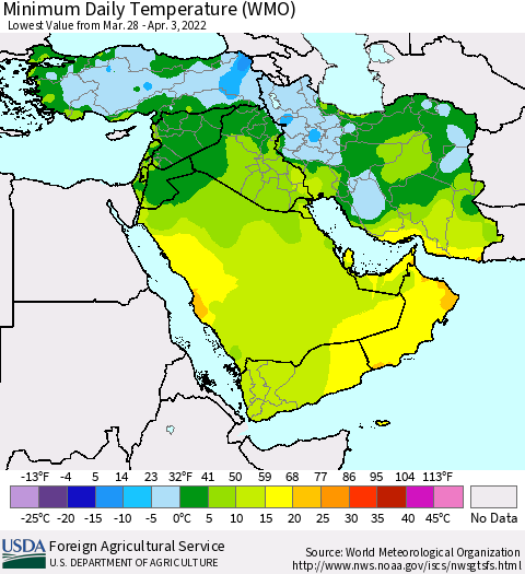 Middle East and Turkey Minimum Daily Temperature (WMO) Thematic Map For 3/28/2022 - 4/3/2022