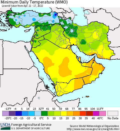Middle East and Turkey Minimum Daily Temperature (WMO) Thematic Map For 4/11/2022 - 4/17/2022