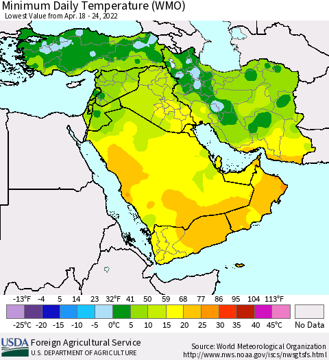 Middle East and Turkey Minimum Daily Temperature (WMO) Thematic Map For 4/18/2022 - 4/24/2022