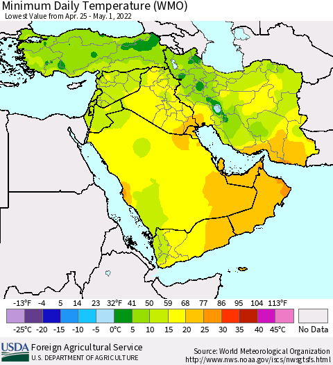 Middle East and Turkey Minimum Daily Temperature (WMO) Thematic Map For 4/25/2022 - 5/1/2022