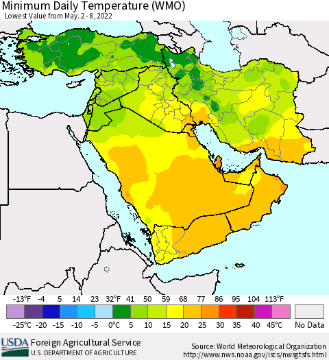Middle East and Turkey Minimum Daily Temperature (WMO) Thematic Map For 5/2/2022 - 5/8/2022
