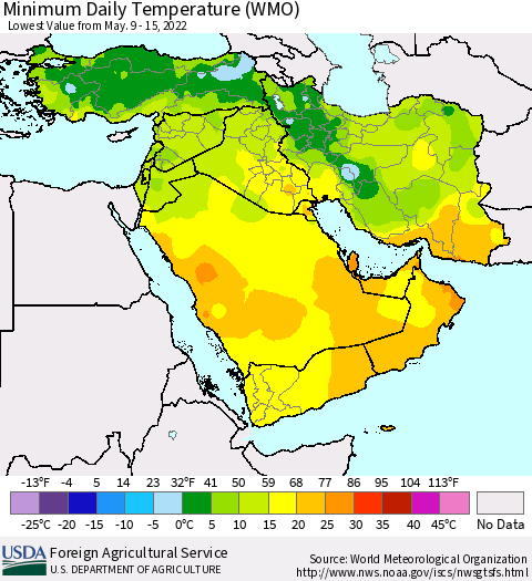 Middle East and Turkey Minimum Daily Temperature (WMO) Thematic Map For 5/9/2022 - 5/15/2022