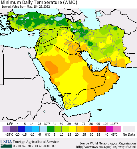 Middle East and Turkey Minimum Daily Temperature (WMO) Thematic Map For 5/16/2022 - 5/22/2022