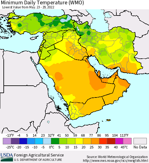 Middle East and Turkey Minimum Daily Temperature (WMO) Thematic Map For 5/23/2022 - 5/29/2022