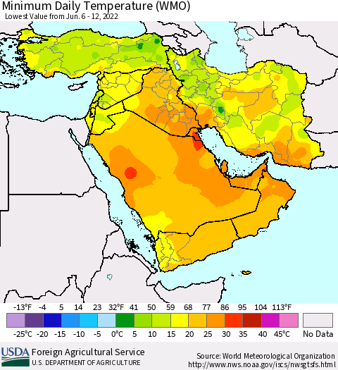 Middle East and Turkey Minimum Daily Temperature (WMO) Thematic Map For 6/6/2022 - 6/12/2022