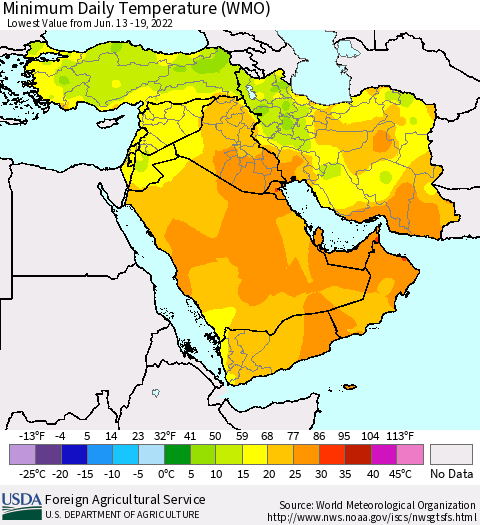 Middle East and Turkey Minimum Daily Temperature (WMO) Thematic Map For 6/13/2022 - 6/19/2022