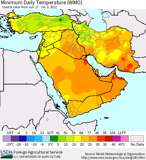 Middle East and Turkey Minimum Daily Temperature (WMO) Thematic Map For 6/27/2022 - 7/3/2022