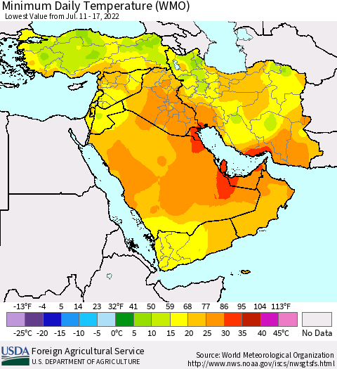 Middle East and Turkey Minimum Daily Temperature (WMO) Thematic Map For 7/11/2022 - 7/17/2022