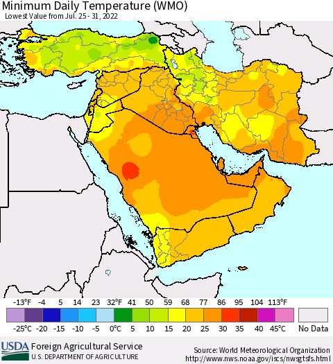 Middle East and Turkey Minimum Daily Temperature (WMO) Thematic Map For 7/25/2022 - 7/31/2022