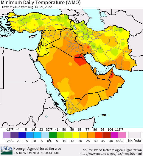 Middle East and Turkey Minimum Daily Temperature (WMO) Thematic Map For 8/15/2022 - 8/21/2022