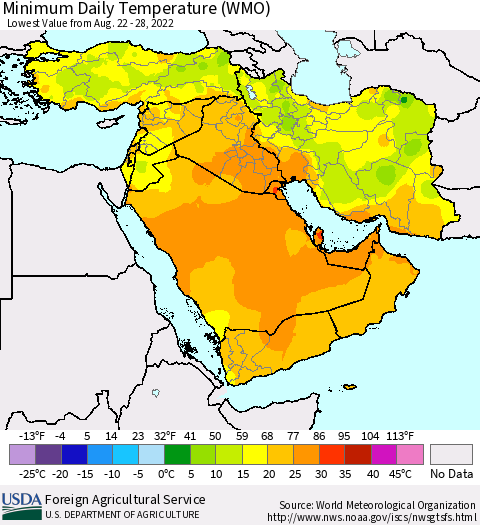 Middle East and Turkey Minimum Daily Temperature (WMO) Thematic Map For 8/22/2022 - 8/28/2022
