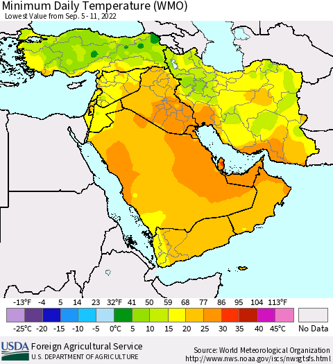 Middle East and Turkey Minimum Daily Temperature (WMO) Thematic Map For 9/5/2022 - 9/11/2022
