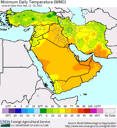 Middle East and Turkey Minimum Daily Temperature (WMO) Thematic Map For 9/12/2022 - 9/18/2022