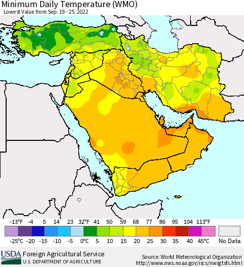 Middle East and Turkey Minimum Daily Temperature (WMO) Thematic Map For 9/19/2022 - 9/25/2022