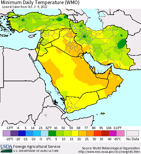 Middle East and Turkey Minimum Daily Temperature (WMO) Thematic Map For 10/3/2022 - 10/9/2022