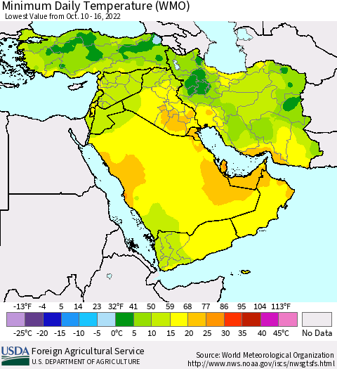 Middle East and Turkey Minimum Daily Temperature (WMO) Thematic Map For 10/10/2022 - 10/16/2022
