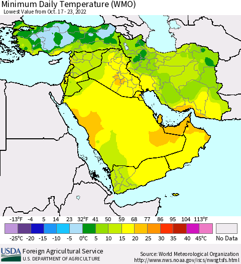 Middle East and Turkey Minimum Daily Temperature (WMO) Thematic Map For 10/17/2022 - 10/23/2022