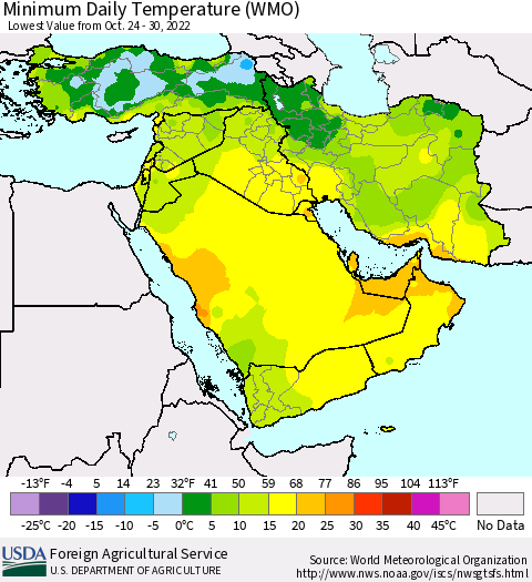 Middle East and Turkey Minimum Daily Temperature (WMO) Thematic Map For 10/24/2022 - 10/30/2022