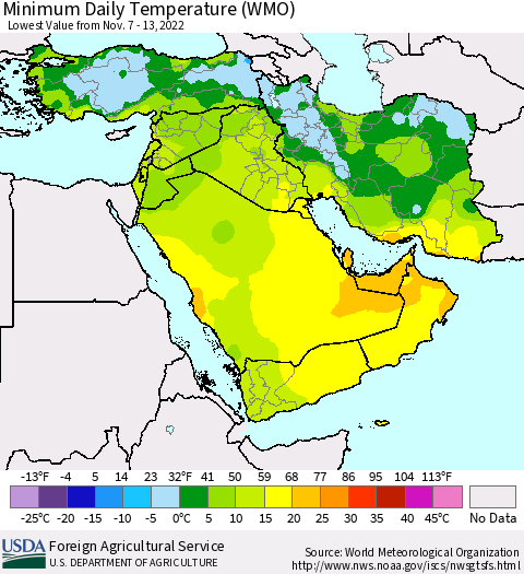 Middle East and Turkey Minimum Daily Temperature (WMO) Thematic Map For 11/7/2022 - 11/13/2022