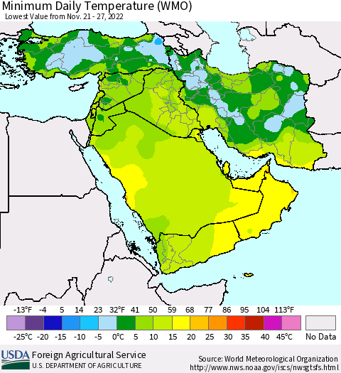 Middle East and Turkey Minimum Daily Temperature (WMO) Thematic Map For 11/21/2022 - 11/27/2022