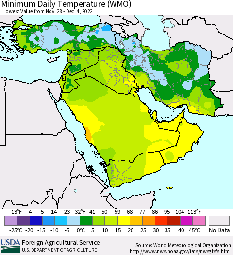Middle East and Turkey Minimum Daily Temperature (WMO) Thematic Map For 11/28/2022 - 12/4/2022
