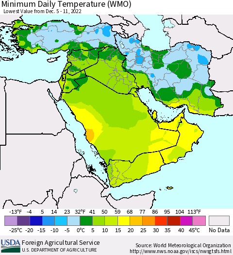 Middle East and Turkey Minimum Daily Temperature (WMO) Thematic Map For 12/5/2022 - 12/11/2022